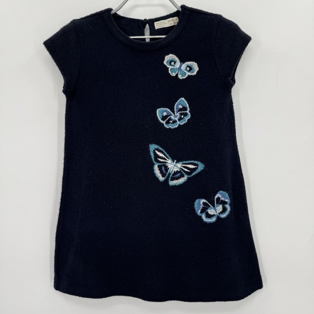 Zara Girl's Navy Blue Tunic Dress w/ Butterfly Embroidery size 11-12 Cap Sleeve